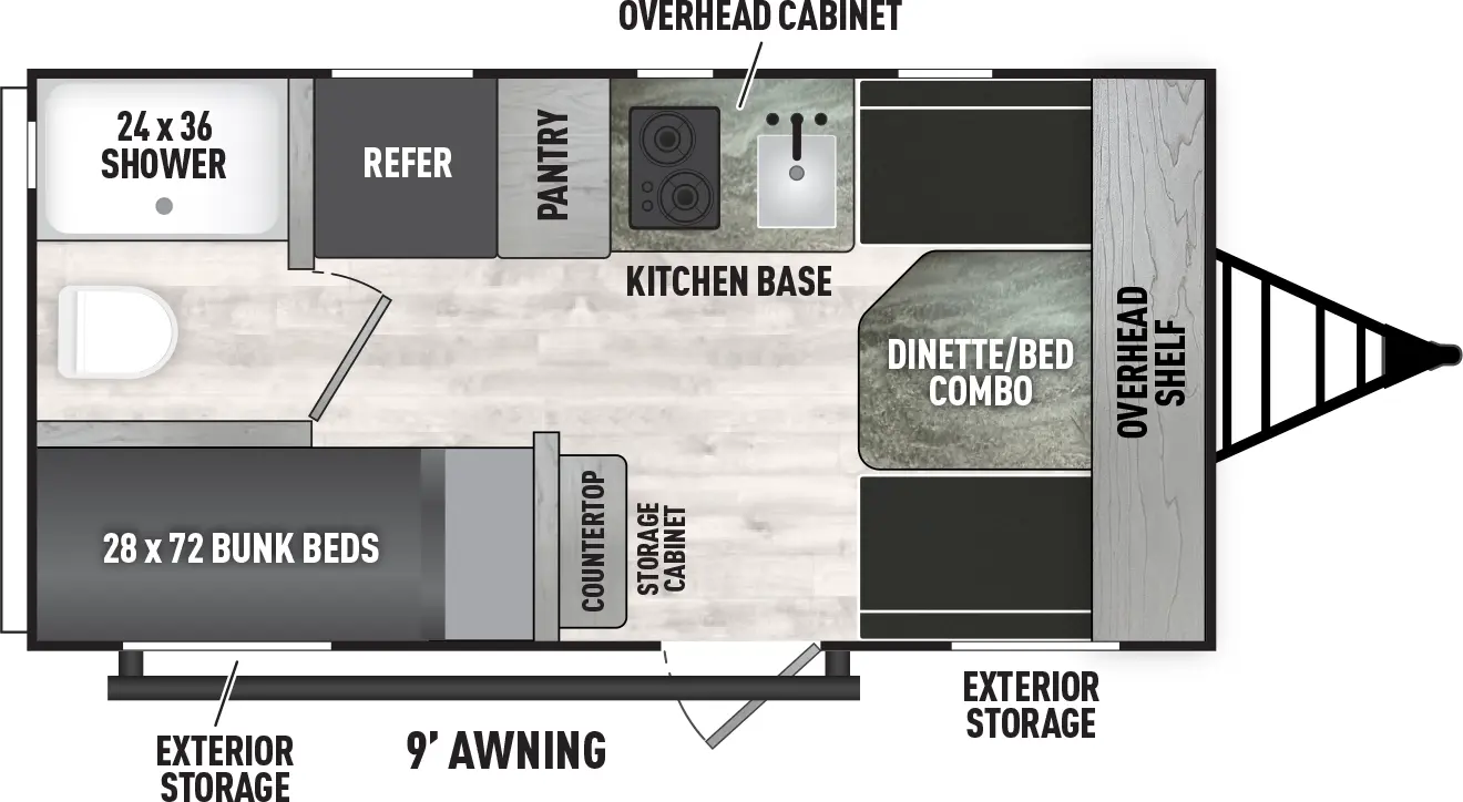 The 15CBH has zero slideouts and one entry. Exterior features storage and a 9 foot awning. Interior layout front to back: dinette with overhead shelf; off-door side kitchen base with overhead cabinet, pantry and refrigerator; door-side entry, countertop with storage cabinet facing front, and rear bunk beds; rear off-door side toilet and shower.